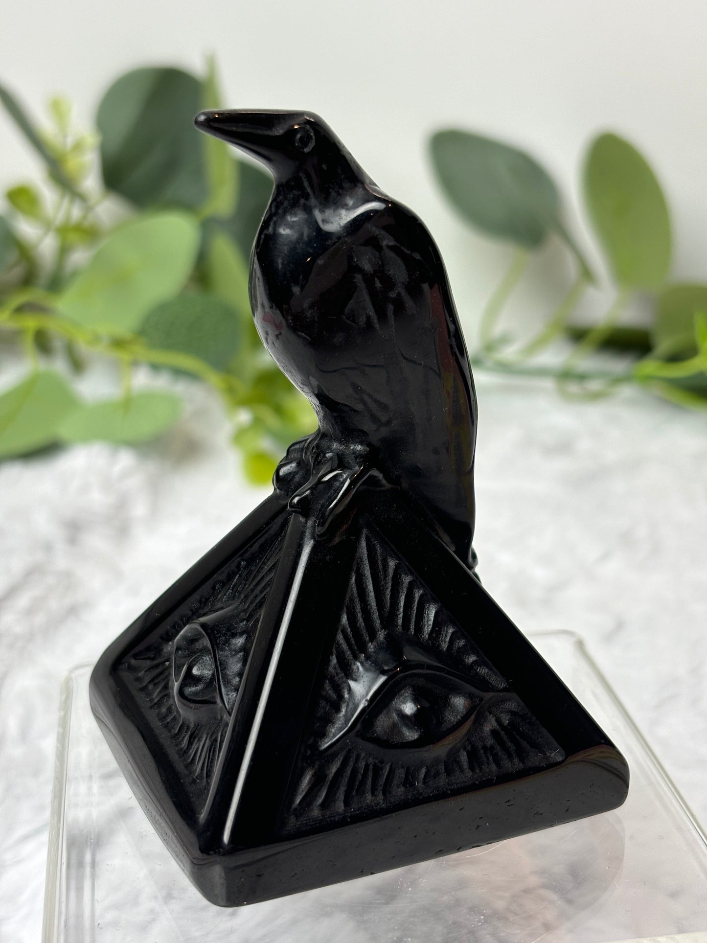 Black Obsidian Crow On Pyramid