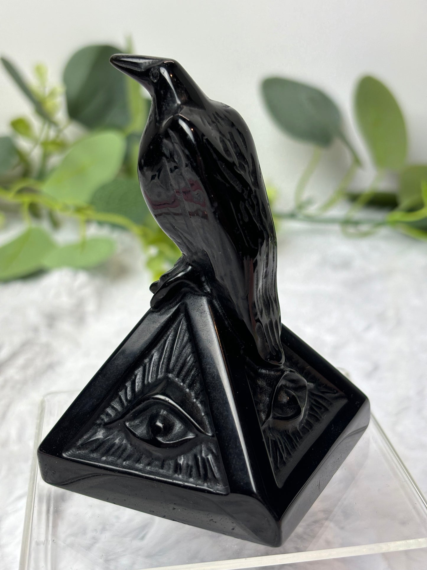 Black Obsidian Crow On Pyramid
