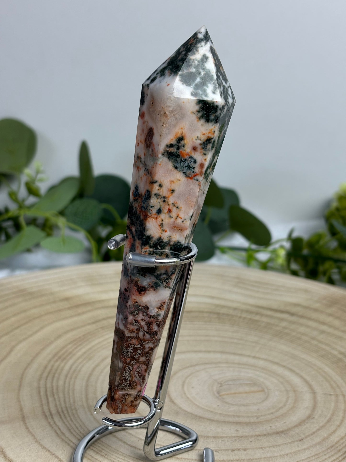 Moss Agate Wand In Stand