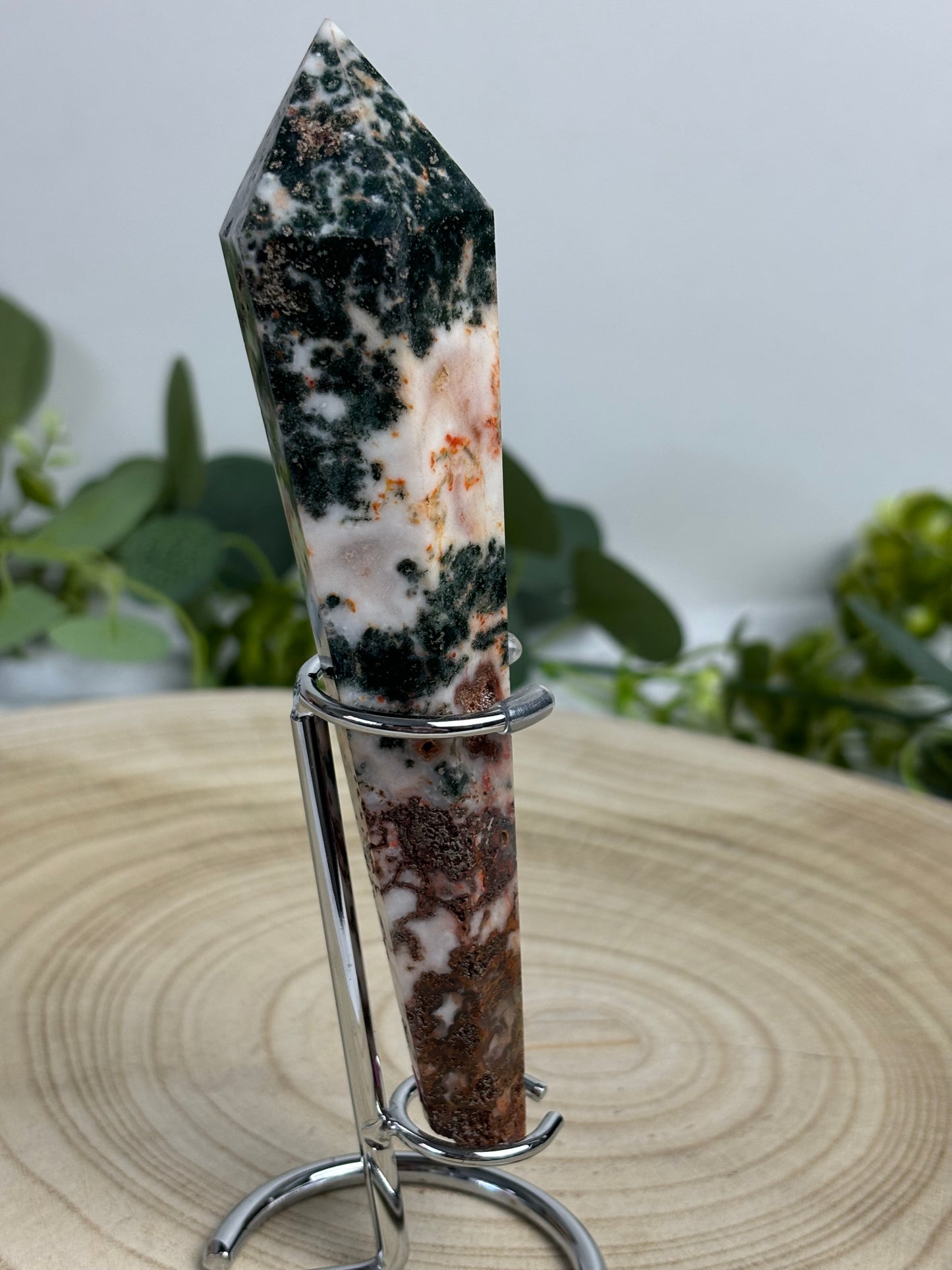 Moss Agate Wand In Stand