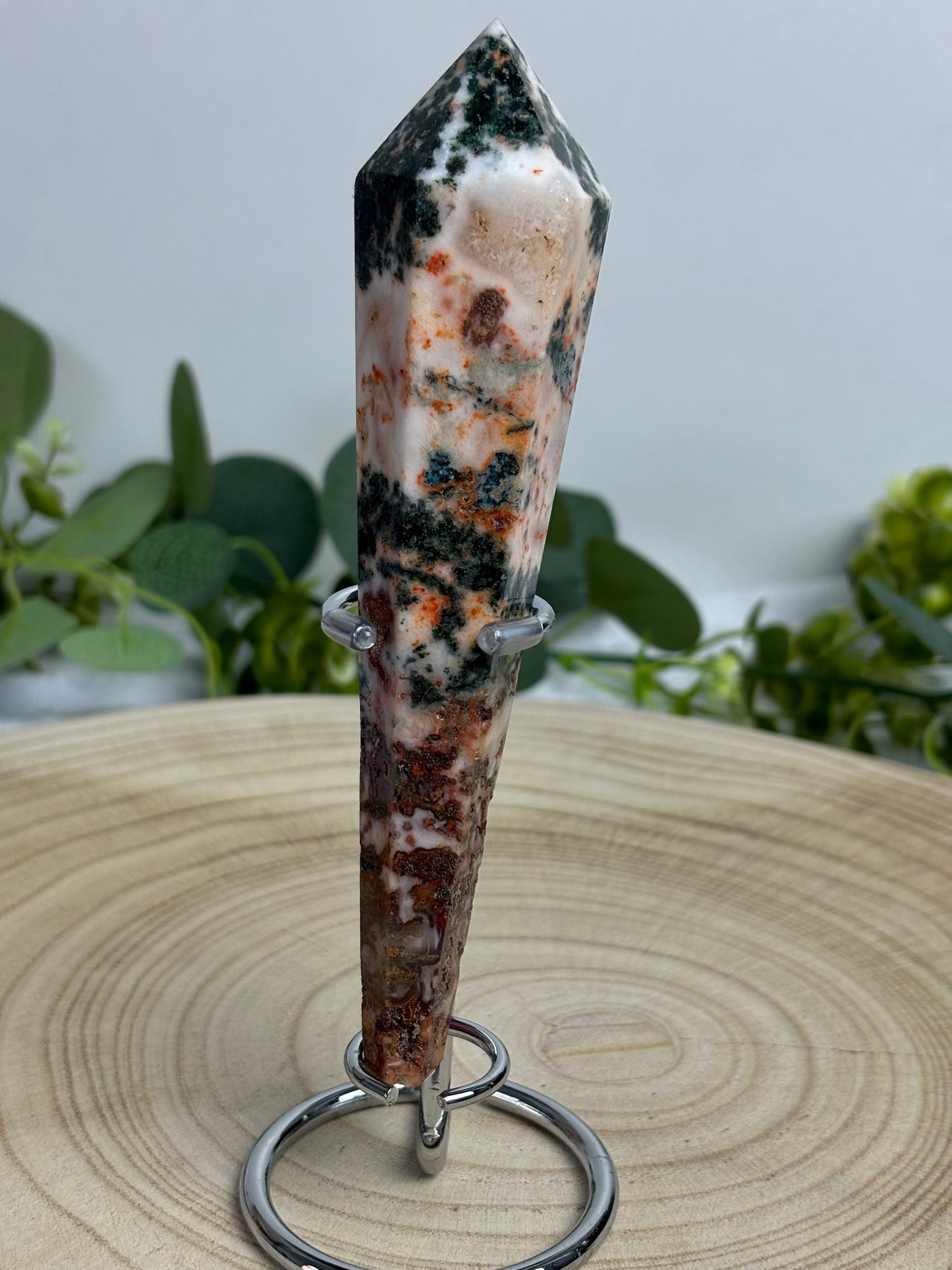 Moss Agate Wand In Stand