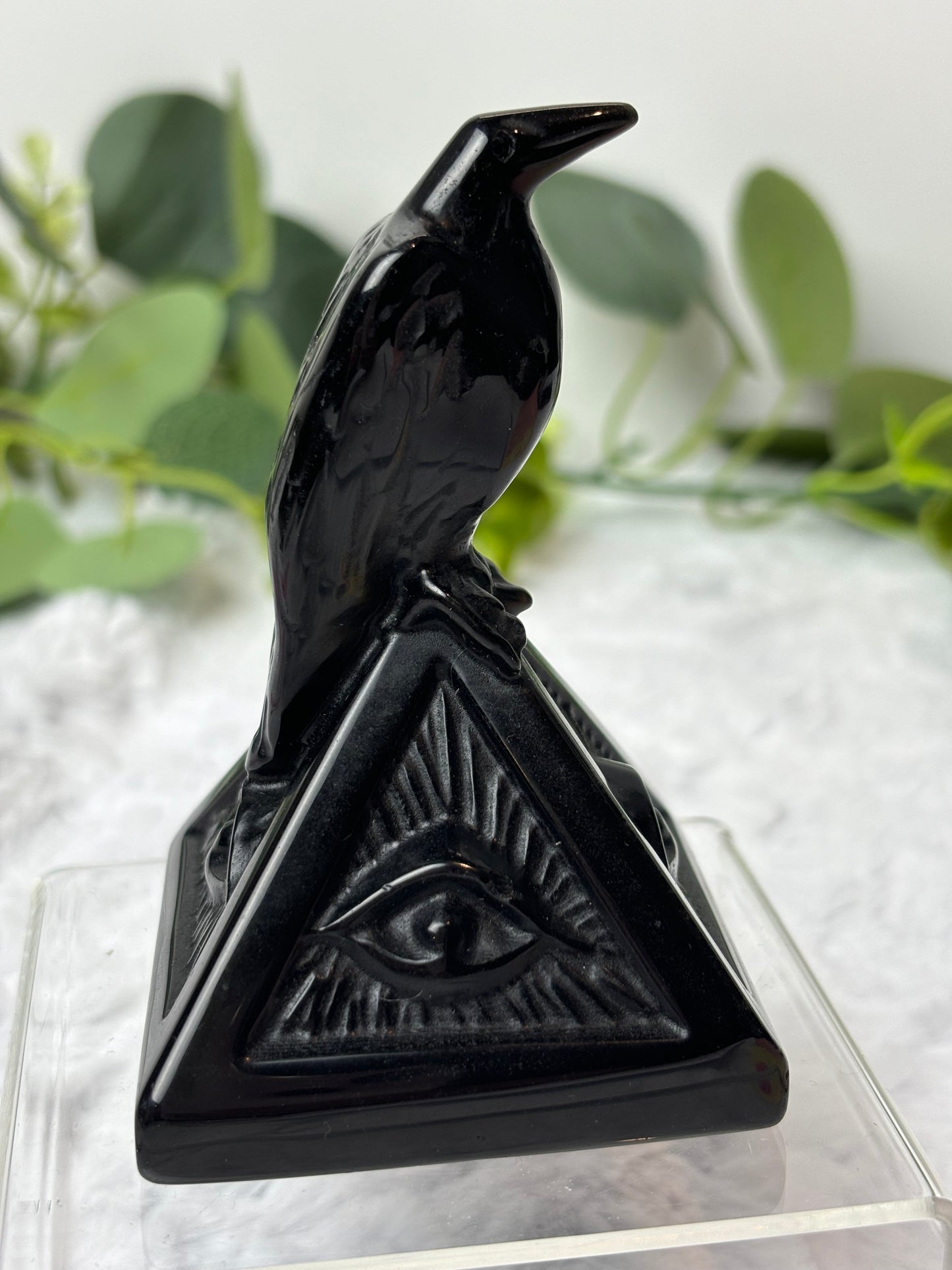 Black Obsidian Crow On Pyramid