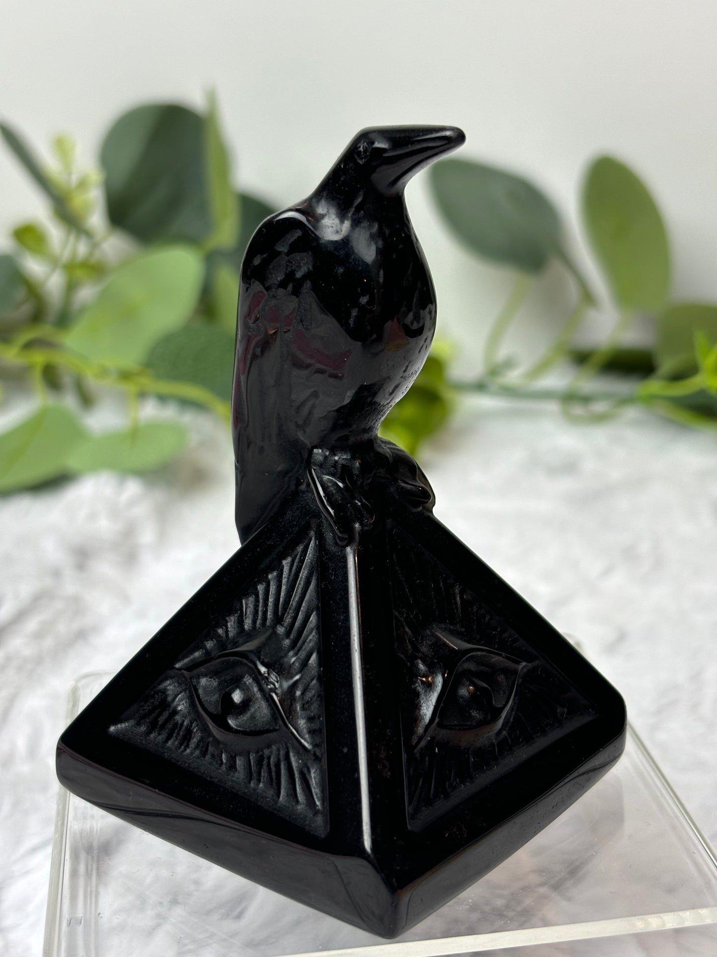 Black Obsidian Crow On Pyramid