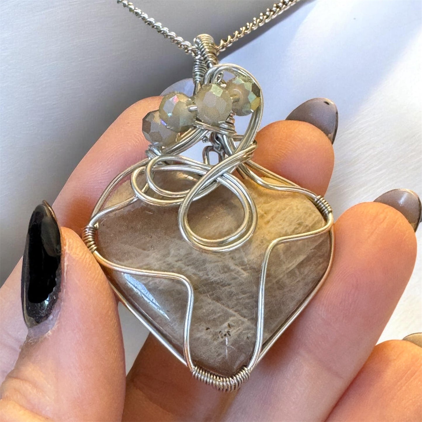 Handcrafted Moonstone Heart Necklace with Labradorite Beads