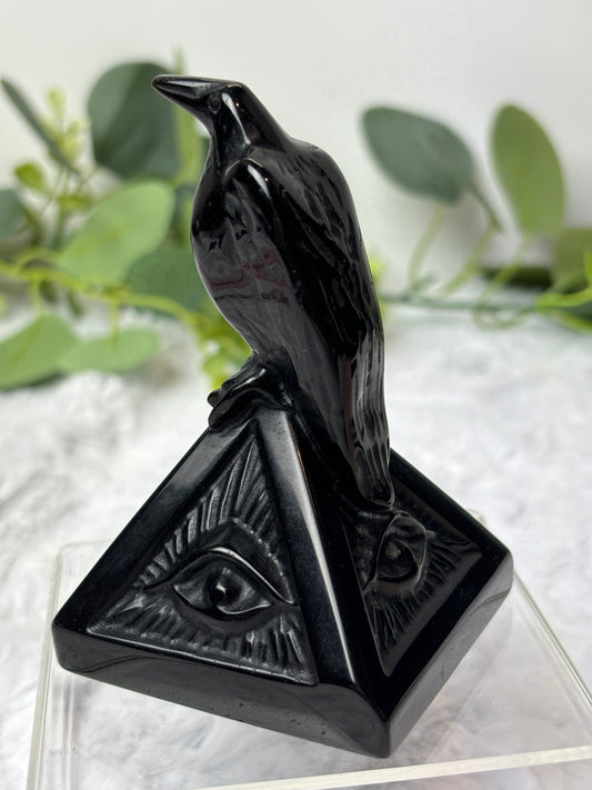 Black Obsidian Crow On Pyramid