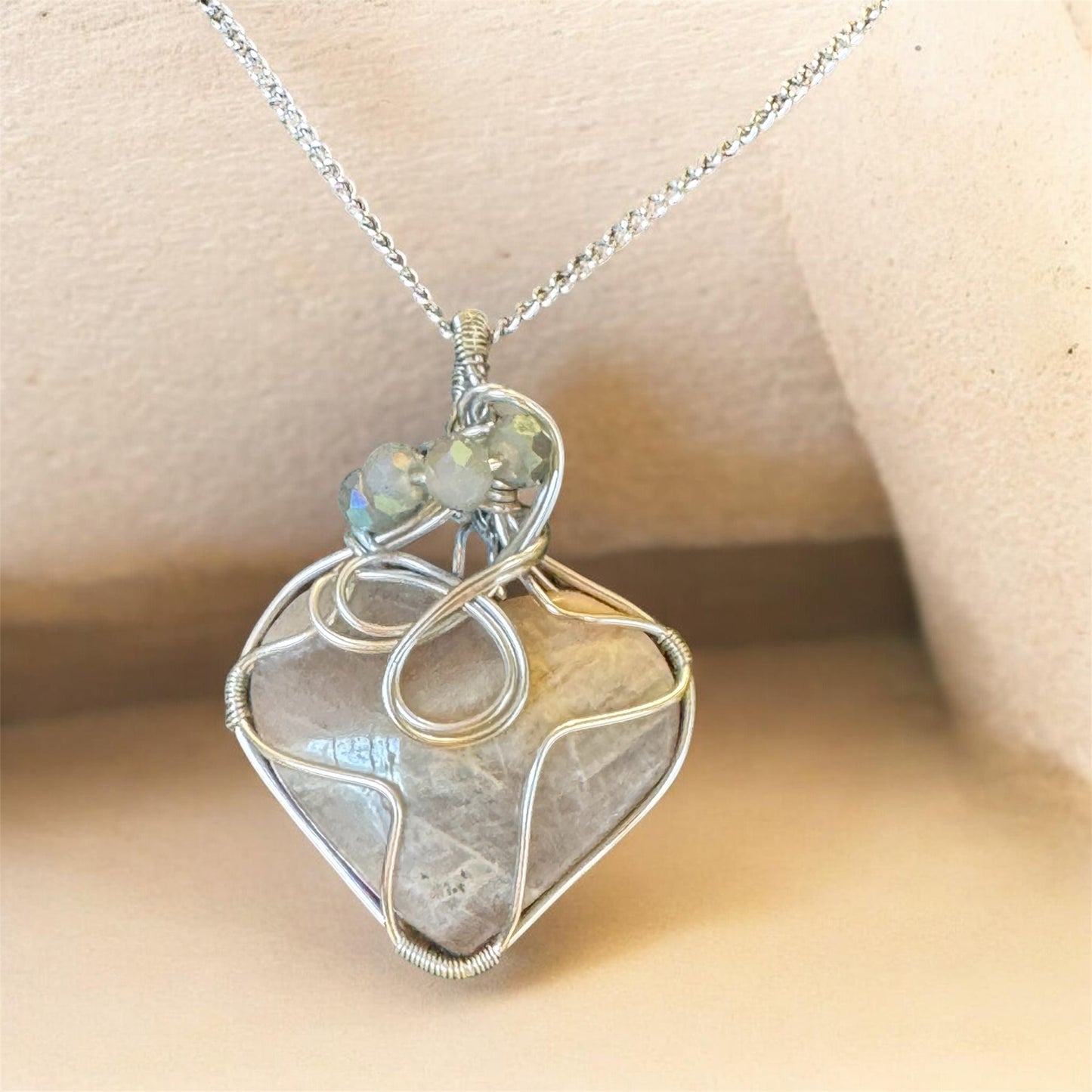 Handcrafted Moonstone Heart Necklace with Labradorite Beads